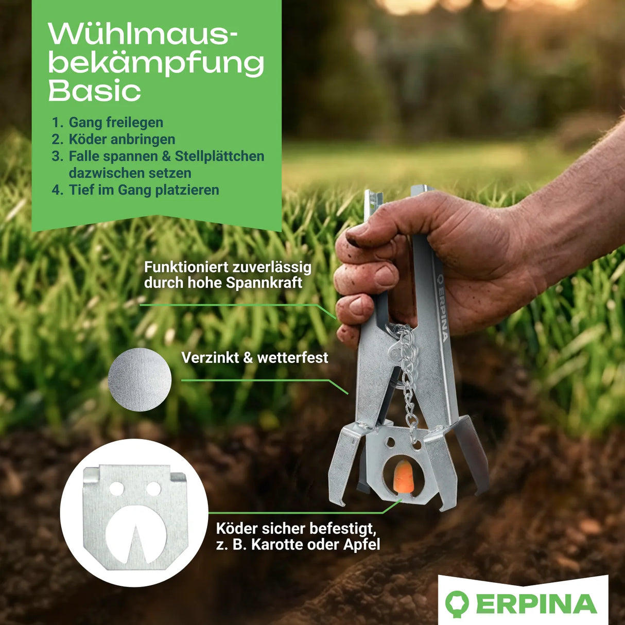 3er Pack ERPINA® Wühlmaus-Zangenfalle »Pro« mit Köderplatte · sichere Wühlmausbekämpfung