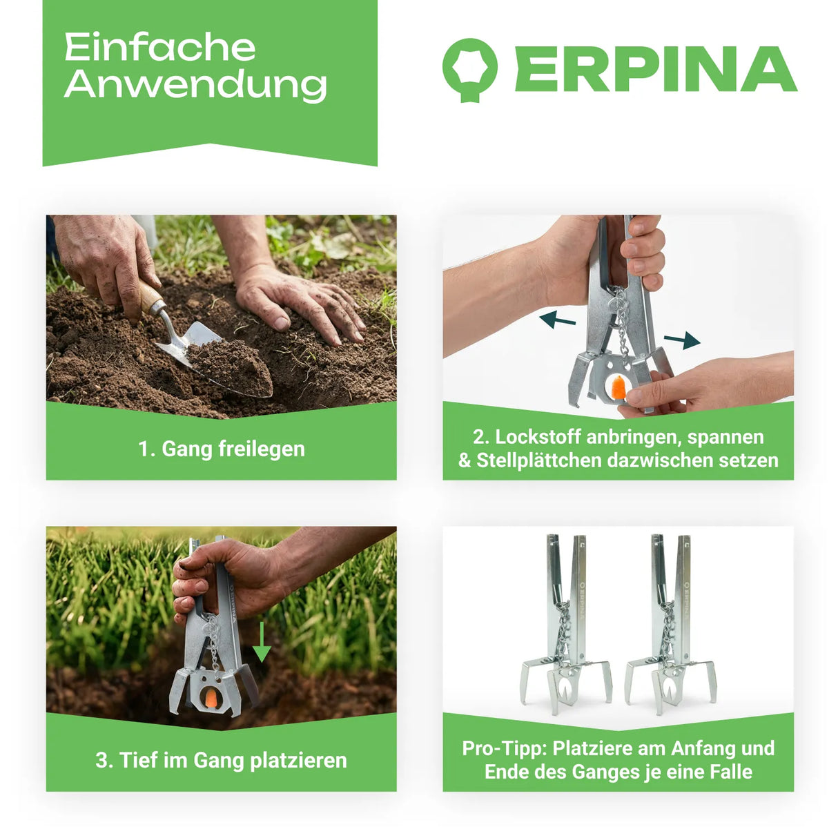 3er Pack ERPINA® Wühlmaus-Zangenfalle »Pro« mit Köderplatte · sichere Wühlmausbekämpfung
