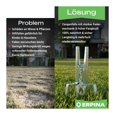 10er Pack ERPINA® Wühlmaus-Zangenfalle »Pro« mit Köderplatte · sichere Wühlmausbekämpfung