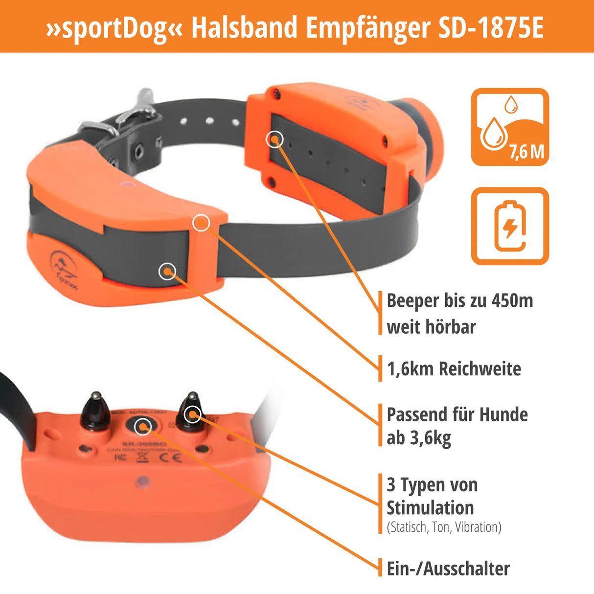Teletakt »sportDog« Handgerät, Halsband, Beeper · 1,6km, 7-stufig